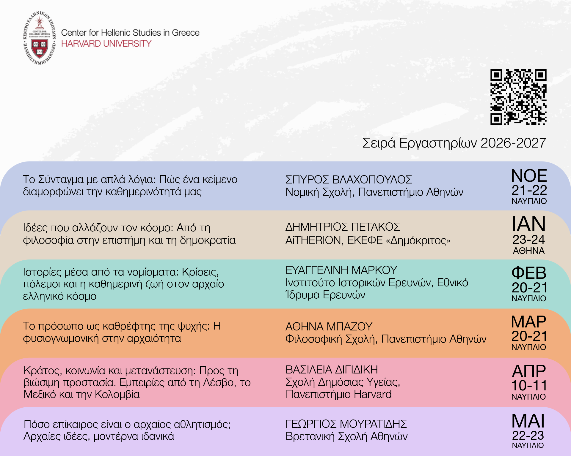 Αφίσα σειράς εργαστηρίων (2026-2027) από το Κέντρο Ελληνικών Σπουδών Ελλάδoς του Πανεπιστημίου Harvard. Παρουσιάζονται έξι εργαστήρια με ημερομηνίες και πόλεις (Ναύπλιο και Αθήνα), θεματολογία για τα ανθρώπινα δικαιώματα, τα αρχαία νομίσματα, τη φιλοσοφία, την επιστήμη, τη φυσιογνωμική, τον αθλητισμό, και ονόματα ομιλητών/ριών. Υπάρχει QR code και λογότυπο στο πάνω μέρος.