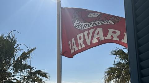 Κόκκινη σημαία του Πανεπιστημίου Harvard κυματίζει στον αέρα κάτω από έναν καθαρό, γαλάζιο ουρανό, με γραφικό παραθαλάσσιο τοπίο και όρη να φαίνονται στο βάθος.