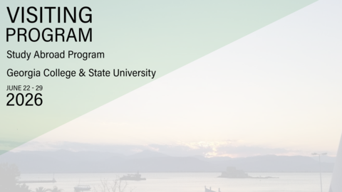 Αφίσα για το « Visiting Program: Study Abroad Program - Business Law, Ethics, and Sustainability in Emerging Global Marketplace» του Georgia College & State University, 22-29 Ιουνίου 2026, με φόντο ηλιοβασίλεμα στη θάλασσα και το λογότυπο του ΚΕΣ Harvard.