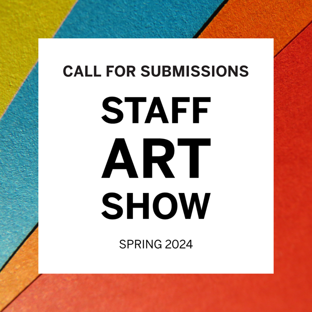 Λογότυπο του Staff Art Show. Κείμενο σε λευκό πλαίσιο και με πολύχρωμο φόντο έντονων χρωμάτων..