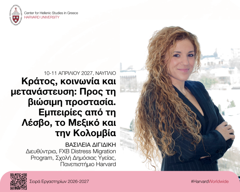Αφίσα για το εργαστήριο «Κράτος, κοινωνία και μετανάστευση: Από την άμεση ανταπόκριση στη βιώσιμη προστασία. Εμπειρίες από τη Λέσβο και νέα ερευνητικά ευρήματα από το Μεξικό και την Κολομβία».
