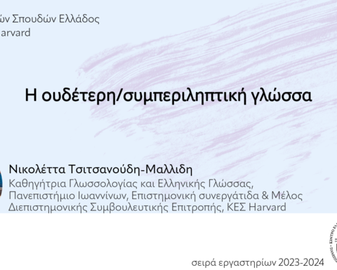Αφίσα του εργαστηρίου για τη συμπεριληπτική γλώσσα με πληροφορίες σχετικά με τη διεξαγωγή του και μια φωτογραφία της συντονίστριας. Στο φόντο γαλάζια σχέδια ακουαρέλας.